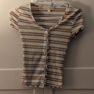 Sugar Moon Striped Button-Up Ribbed Top
